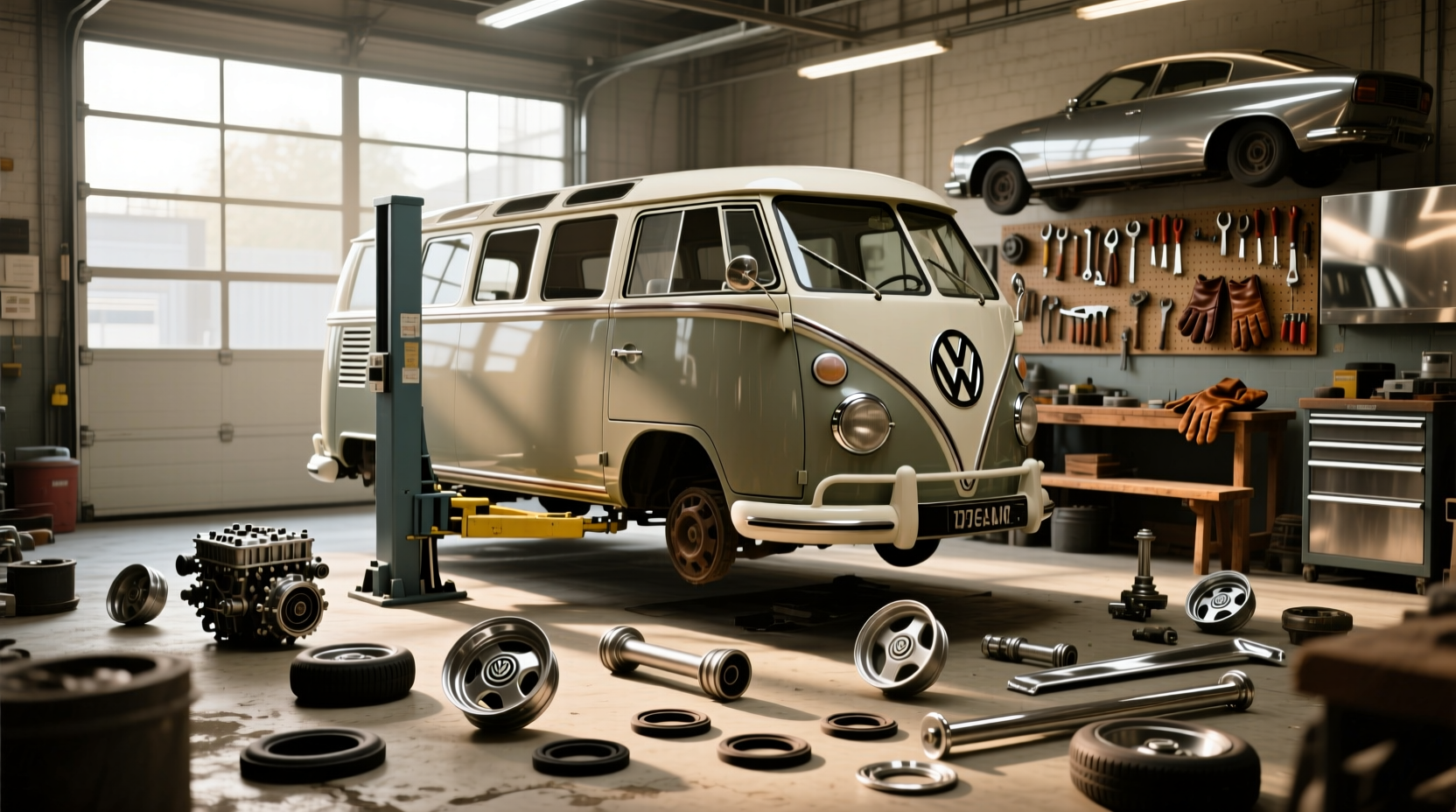 Wybór idealnych części do samochodów VW Warsztat z rozłożonymi częściami zamiennymi do Volkswagena, narzędziami i katalogami